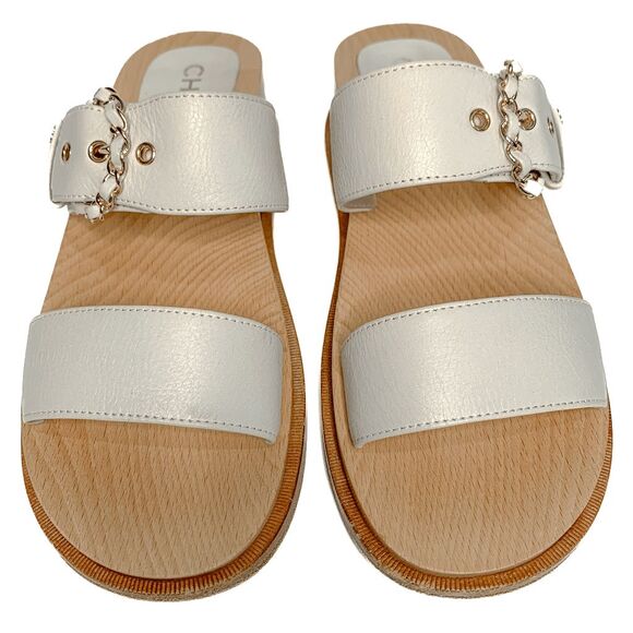 Chanel Interlocking CC Logo Slip On Slide Sandals EU 39 White Gold Chain Mules - Picture 2 of 11